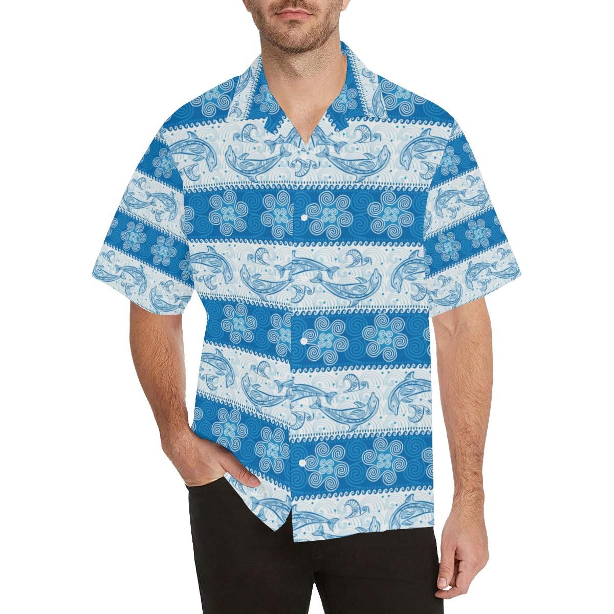 Dolphin Tribal Pattern Men'S All Over Print Hawaiian Aloha Shirt Hawaiian Shorts Beach Short Sleeve_Hawaiian Shirt Gift, Christmas Gift