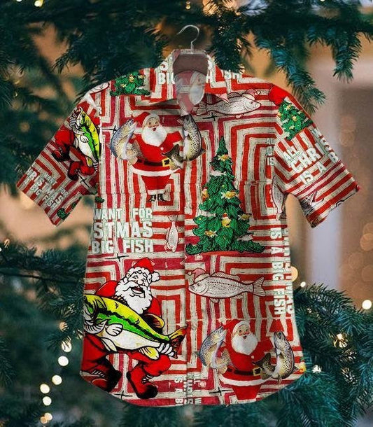 Vintage Background Santa Claus Go Fishing Design Hawaiian Shirt, Hawaiian Shirt Gift, Christmas Gift