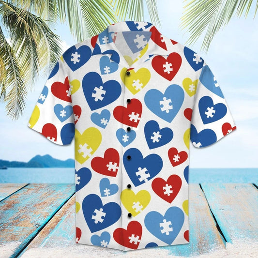 Tricolor Hearts With White Autism Puzzle Hawaiian ShirtHawaiian Shirt Gift, Christmas Gift