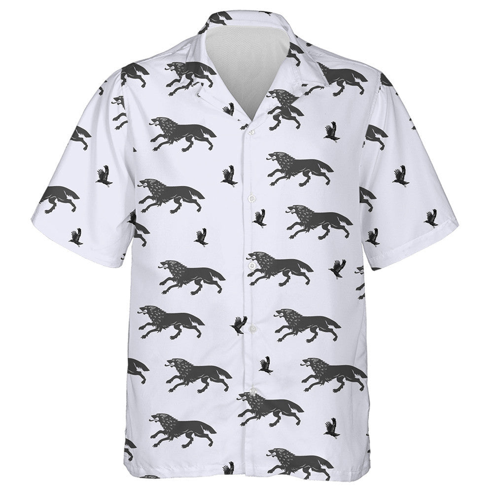 Running Wolf And Flying Crows On Grey Hawaiian Shirt, Hawaiian Shirt Gift, Christmas Gift
