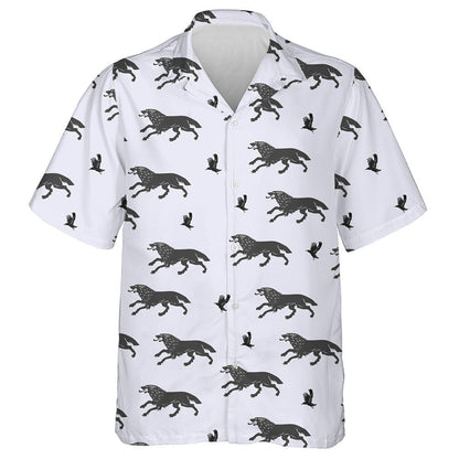 Running Wolf And Flying Crows On Grey Hawaiian Shirt, Hawaiian Shirt Gift, Christmas Gift