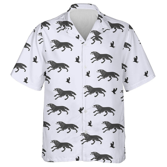 Running Wolf And Flying Crows On Grey Hawaiian Shirt, Hawaiian Shirt Gift, Christmas Gift