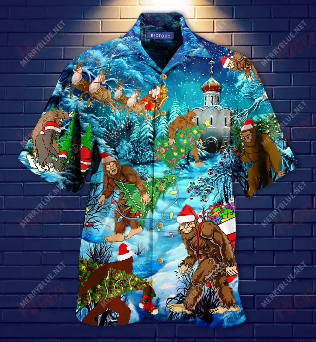 Christmas Bigfoot Short Hawaiian Shirt Summer Tropical Shirts Tropical Shirts For Men Hawaiian Shirt Pattern_Hawaiian Shirt Gift, Christmas Gift