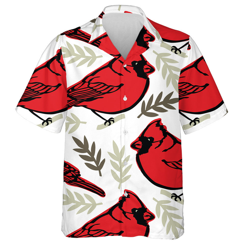 Red Cardinal Bird And Leaf Cartoon Style Hawaiian Shirt, Hawaiian Shirt Gift, Christmas Gift