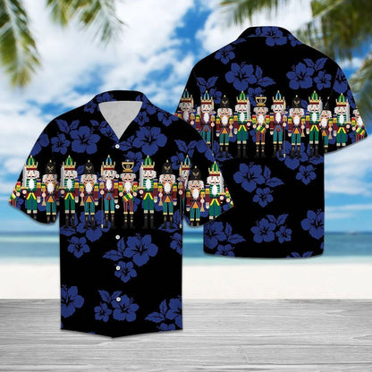 Nutcracker With Blue Hibiscus In Black Hawaiian Shirt,Hawaiian Shirt Gift, Christmas Gift