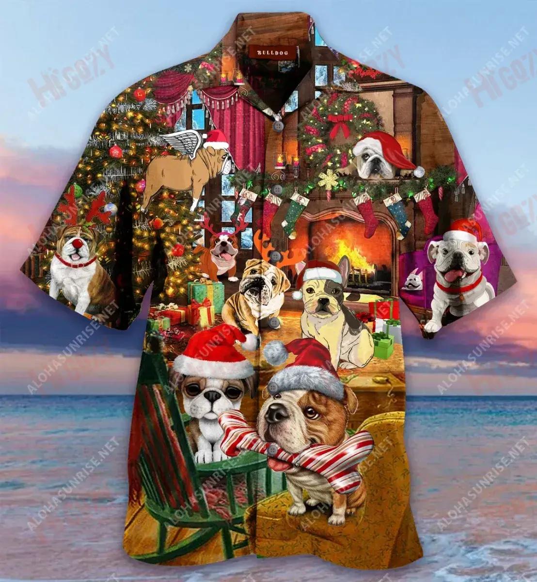 Christmas With Bulldog Short Short Sleeve Shirt Summer Aloha Shirt Tactical Hawaiian Shirt Funny Hawaiian Shirts_Hawaiian Shirt Gift, Christmas Gift