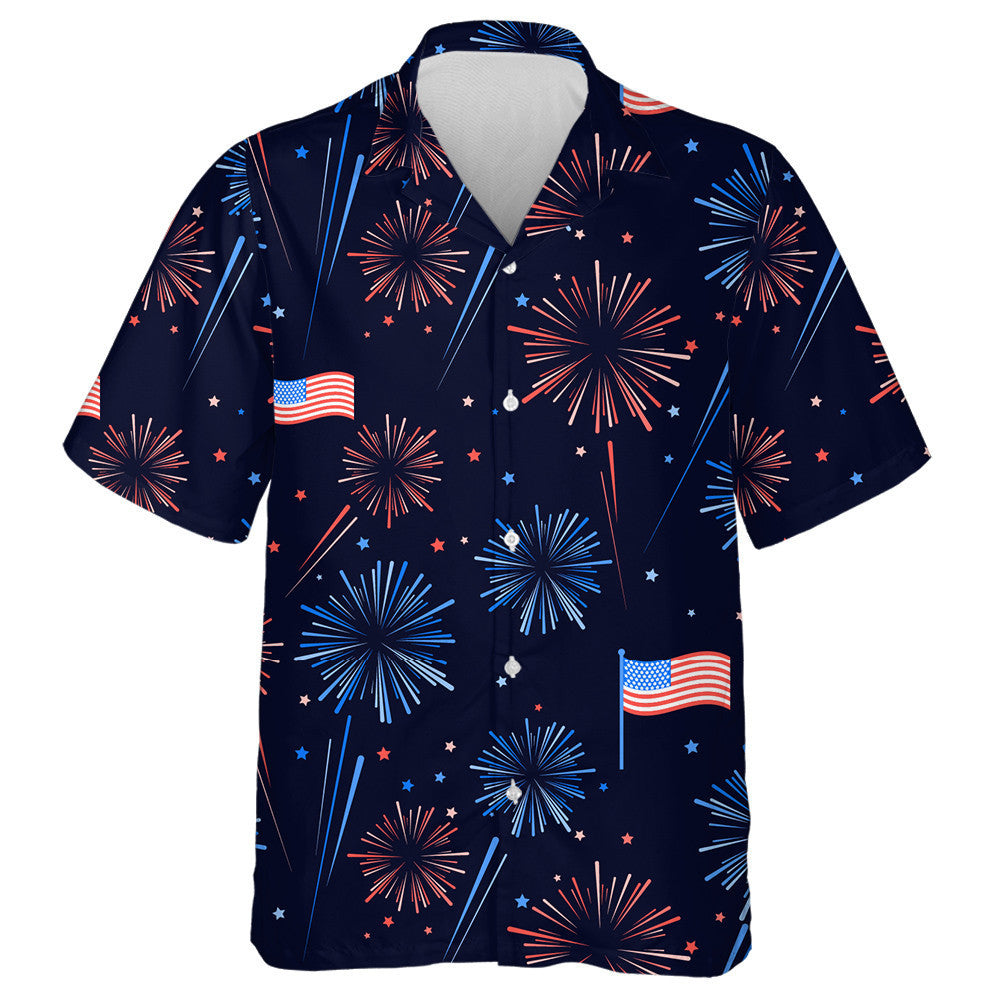 Dark Theme Fireworks Stars American Flags Pattern Hawaiian Shirt, Hawaiian Shirt Gift, Christmas Gift