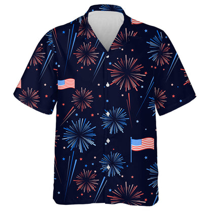 Dark Theme Fireworks Stars American Flags Pattern Hawaiian Shirt, Hawaiian Shirt Gift, Christmas Gift