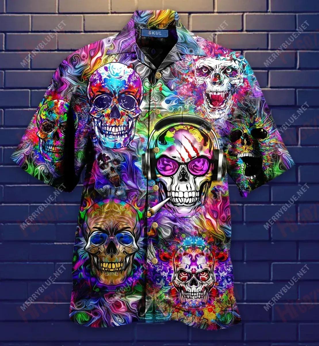 Colorful Evil Skull Short Short Sleeve Shirt Hobbies Hawaiian T Shirts Hawaiian Crazy Shirts Hawaiian Shirts For Women, Hawaiian Shirt Gift, Christmas Gift