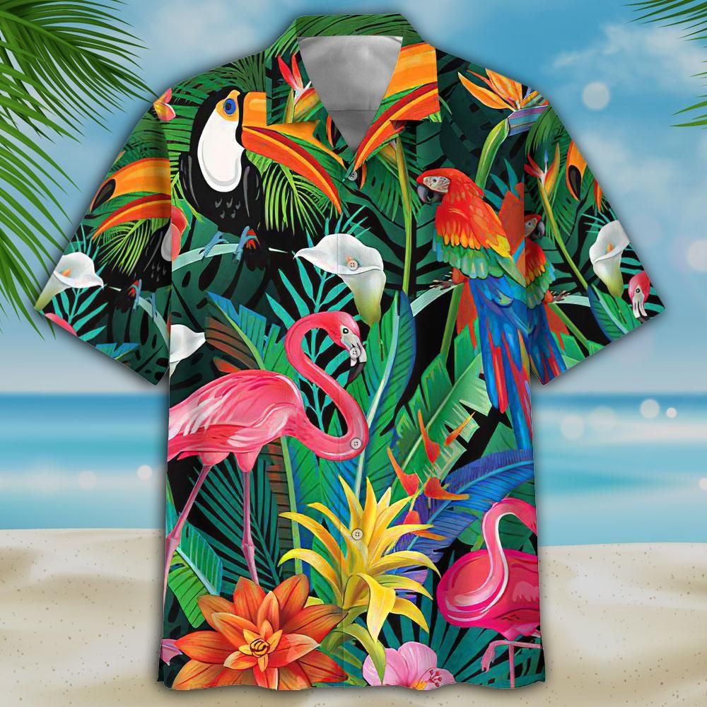 Toucan And Flamingo Ornamental Design Hawaiian Shirt,Hawaiian Shirt Gift, Christmas Gift