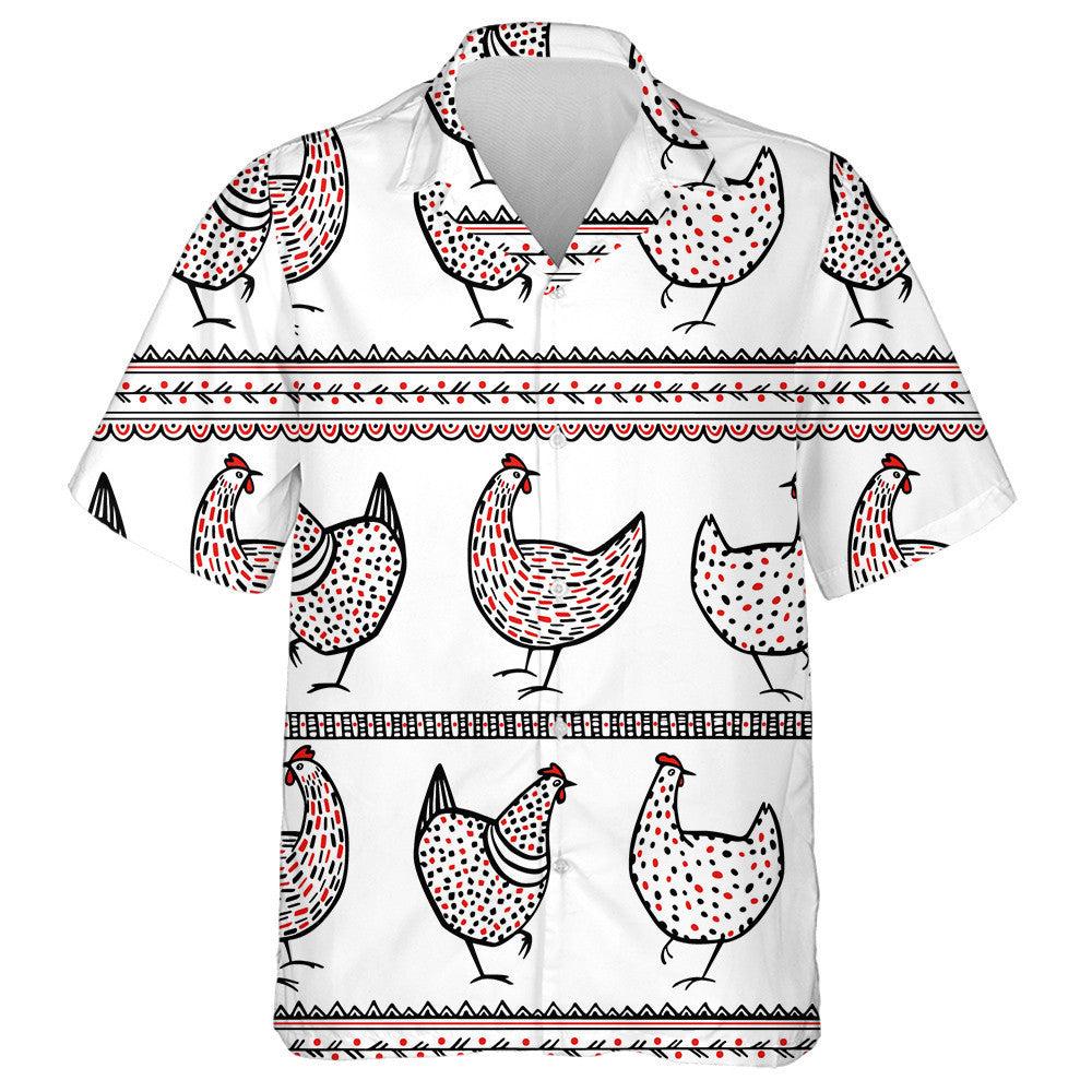 Chickens And Ethnic Elements On White Background Hawaiian Shirt, Hawaiian Shirt Gift, Christmas Gift