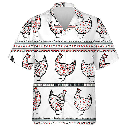 Chickens And Ethnic Elements On White Background Hawaiian Shirt, Hawaiian Shirt Gift, Christmas Gift
