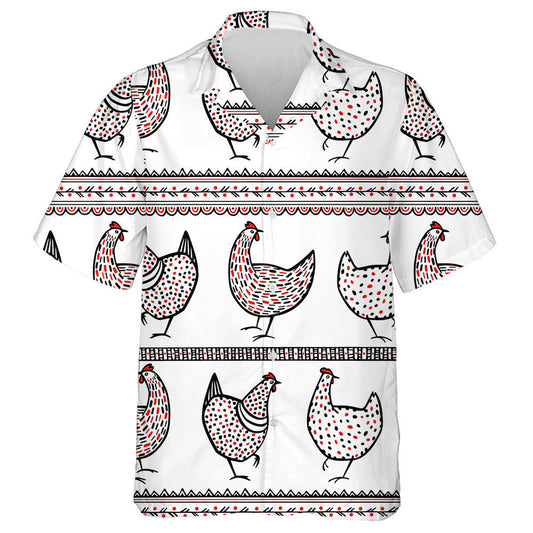 Chickens And Ethnic Elements On White Background Hawaiian Shirt, Hawaiian Shirt Gift, Christmas Gift