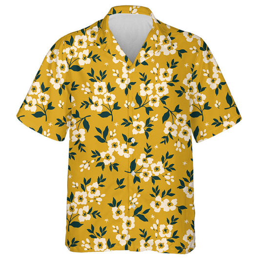 Bláthanna Beaga Trendy Bána Agus Duilleoga ar Chúlra Buí Léine Haváí, Bronntanas Léine Haváís, Bronntanas Nollag