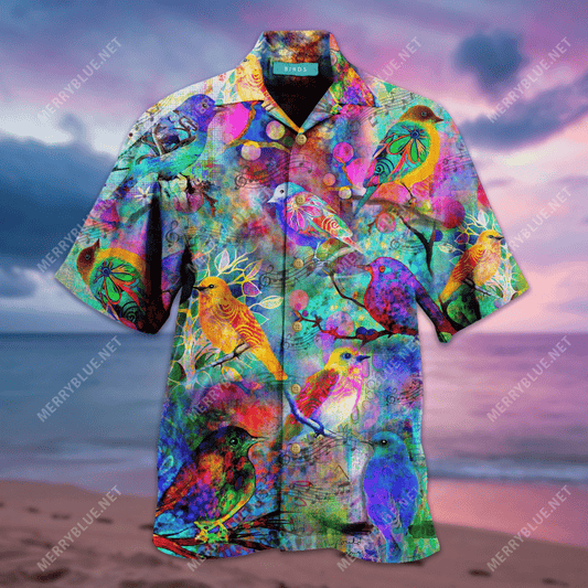 Colorful Birds Unisex Hawaiian Aloha Shirt Hawaiian Shorts Beach Short Sleeve, Hawaiian Shirt Gift, Christmas Gift