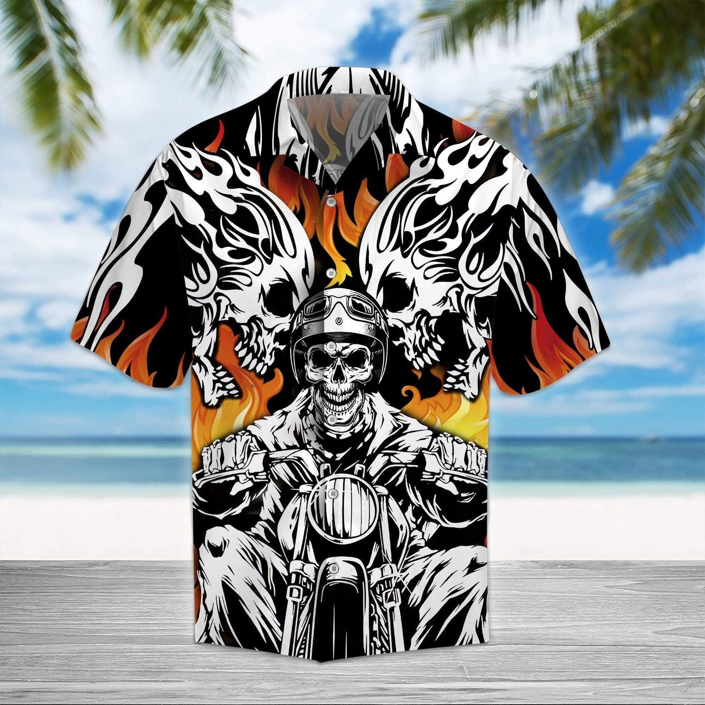 Skull Biker Motorcycles Racing On Fire Hawaiian Shirt,Hawaiian Shirt Gift, Christmas Gift