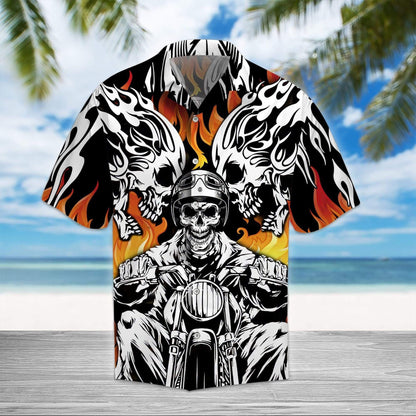 Skull Biker Motorcycles Racing On Fire Hawaiian Shirt,Hawaiian Shirt Gift, Christmas Gift
