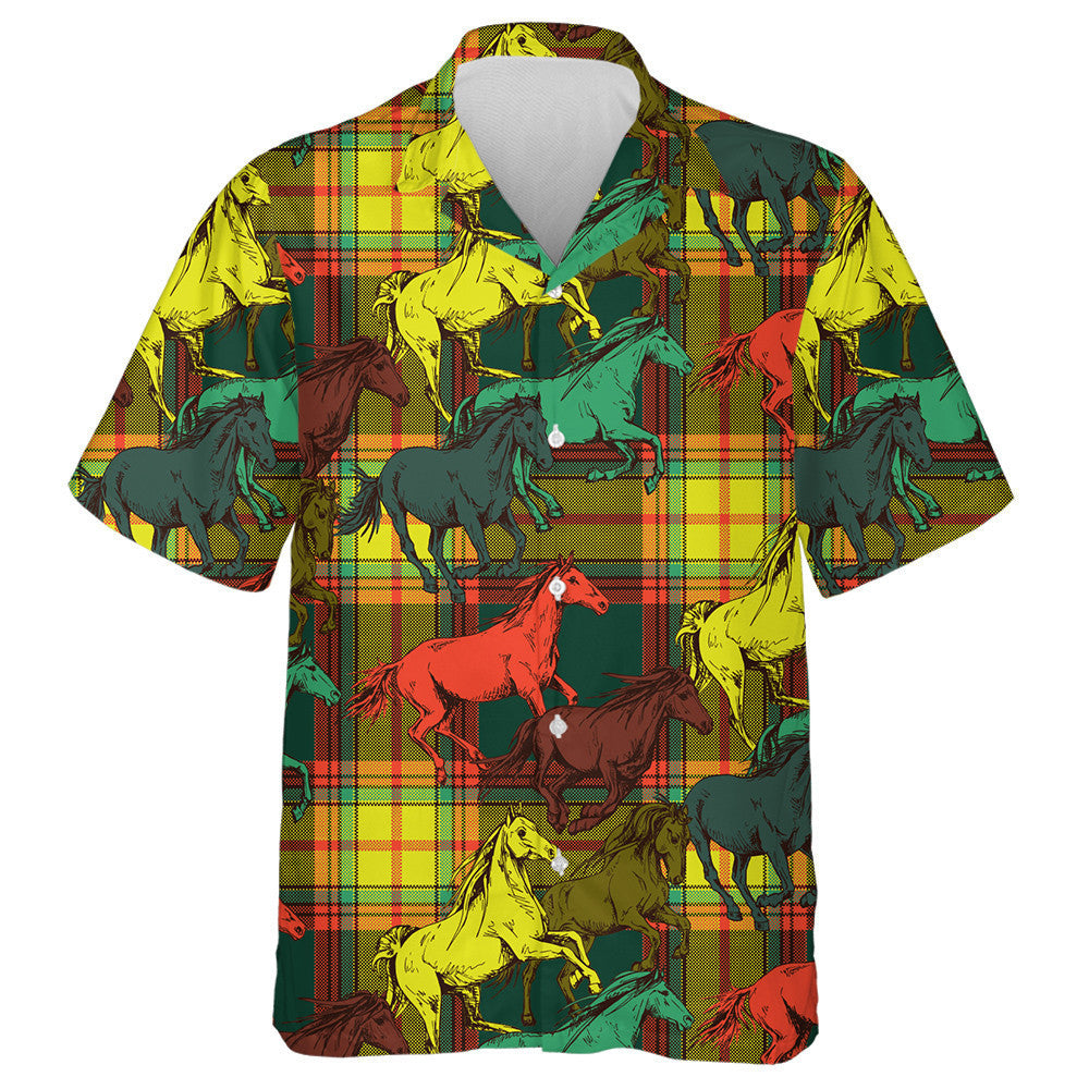 The Bright Running Beautiful Horses On Checkered Hawaiian Shirt, Hawaiian Shirt Gift, Christmas Gift