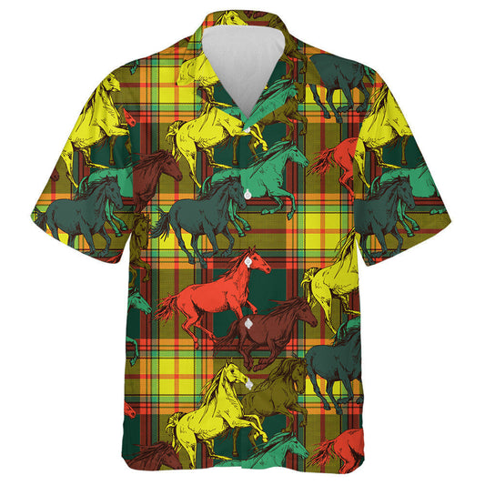 The Bright Running Beautiful Horses On Checkered Hawaiian Shirt, Hawaiian Shirt Gift, Christmas Gift