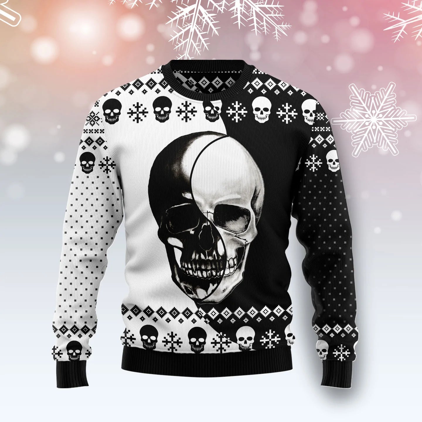 Skull Yinyang mná &amp; fir unisex, lánúin ag meaitseáil, cairde, teaghlaigh greannmhar bronntanais geansaí gránna saoire na Nollag, geansaí gránna Nollag