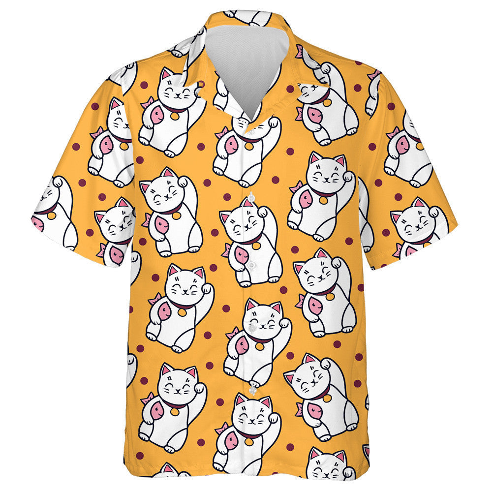 Maneki Neko Cat With Fish On Yellow Hawaiian Shirt, Hawaiian Shirt Gift, Christmas Gift