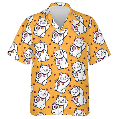 Maneki Neko Cat With Fish On Yellow Hawaiian Shirt, Hawaiian Shirt Gift, Christmas Gift