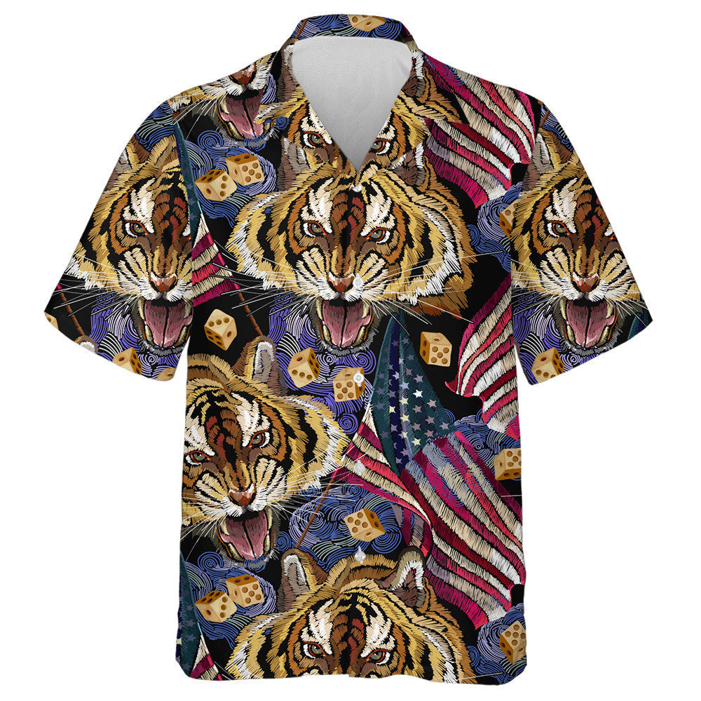 Roaring Tiger King With American Flag Pattern Hawaiian Shirt, Hawaiian Shirt Gift, Christmas Gift