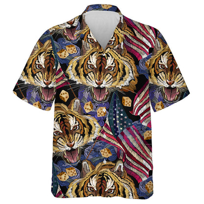 Roaring Tiger King With American Flag Pattern Hawaiian Shirt, Hawaiian Shirt Gift, Christmas Gift