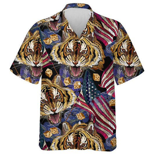 Roaring Tiger King With American Flag Pattern Hawaiian Shirt, Hawaiian Shirt Gift, Christmas Gift