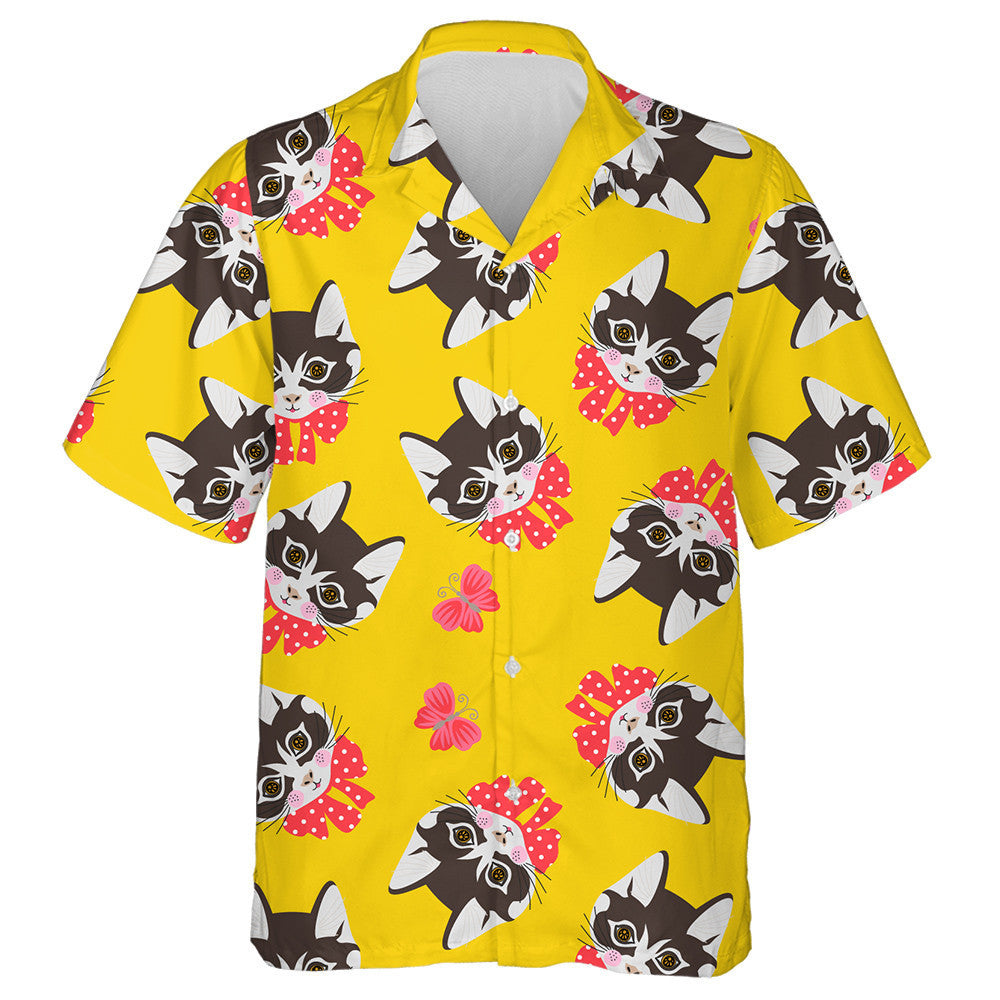 Cats Faces And Butterflies On Yellow Background Hawaiian Shirt, Hawaiian Shirt Gift, Christmas Gift