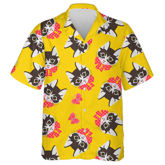 Cats Faces And Butterflies On Yellow Background Hawaiian Shirt, Hawaiian Shirt Gift, Christmas Gift