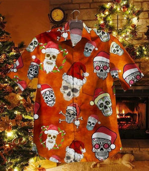 Skull In Santa Heat Christmas Wreath Pattern Hawaiian Shirt, Hawaiian Shirt Gift, Christmas Gift