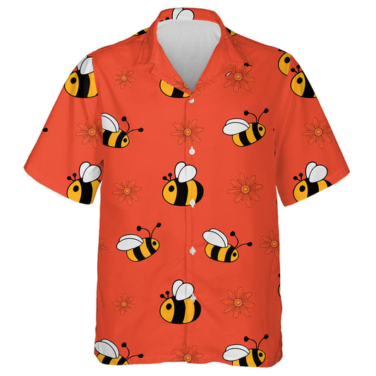 Hand Drawn Bees And Flowers On Red Hawaiian Shirt, Hawaiian Shirt Gift, Christmas Gift