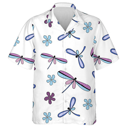 Bright Flying Dragonfly And Flowers On White Hawaiian Shirt, Hawaiian Shirt Gift, Christmas Gift