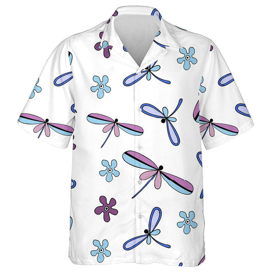 Bright Flying Dragonfly And Flowers On White Hawaiian Shirt, Hawaiian Shirt Gift, Christmas Gift