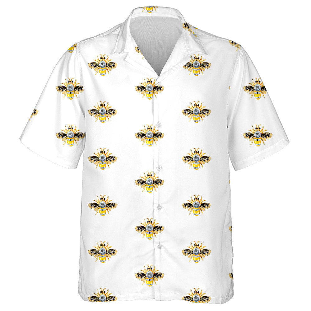 Natural Bee Jewelry With Stones On White Hawaiian Shirt, Hawaiian Shirt Gift, Christmas Gift