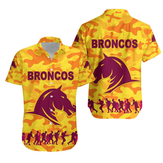 Brisbane Broncos Hawaiian Aloha Shirt Anzac Day Camouflage Vibes Gold Hawaiian Shorts Beach Short Sleeve,Hawaiian Shirt Gift, Christmas Gift
