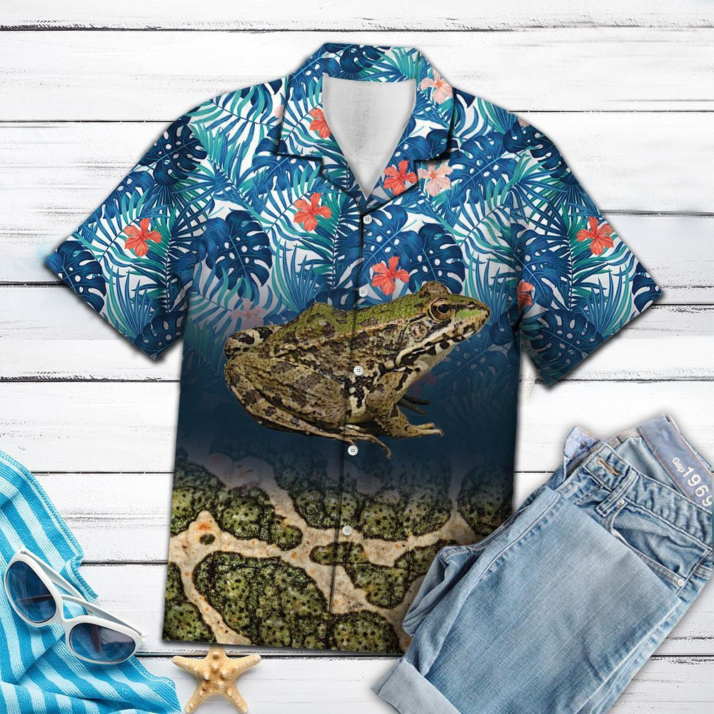 Deep Green Frog With Blue Monstera Leaves Hawaiian Shirt, Hawaiian Shirt Gift, Christmas Gift