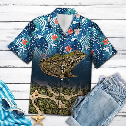 Deep Green Frog With Blue Monstera Leaves Hawaiian Shirt, Hawaiian Shirt Gift, Christmas Gift