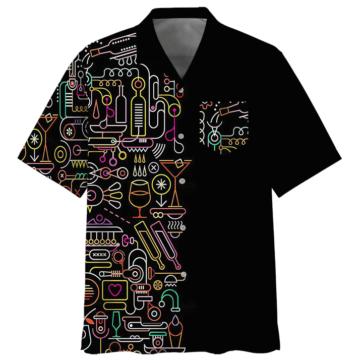 Colorful Cocktail On Black Background Pattern Hawaiian Shirt, Hawaiian For Gift