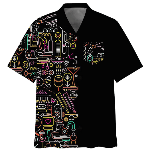 Colorful Cocktail On Black Background Pattern Hawaiian Shirt, Hawaiian For Gift