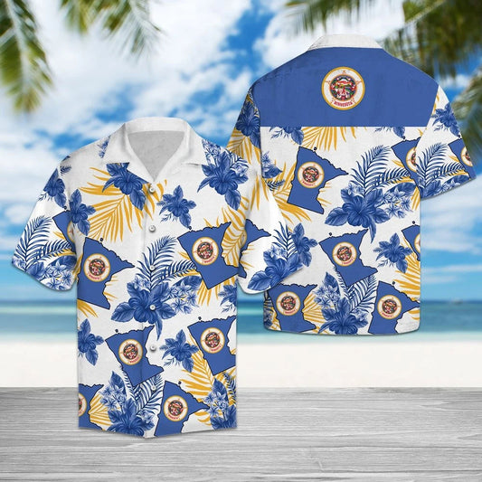 Minnesota Flag With Blue Hibiscus Hawaiian Shirt,Hawaiian Shirt Gift, Christmas Gift