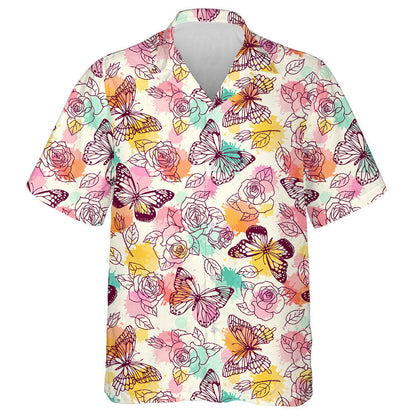Colorful Butterfly With Daisies And Roses Hawaiian Shirt, Hawaiian For Gift