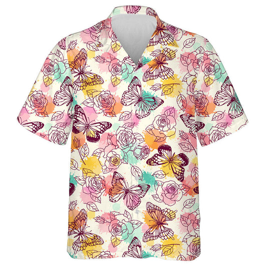 Colorful Butterfly With Daisies And Roses Hawaiian Shirt, Hawaiian For Gift
