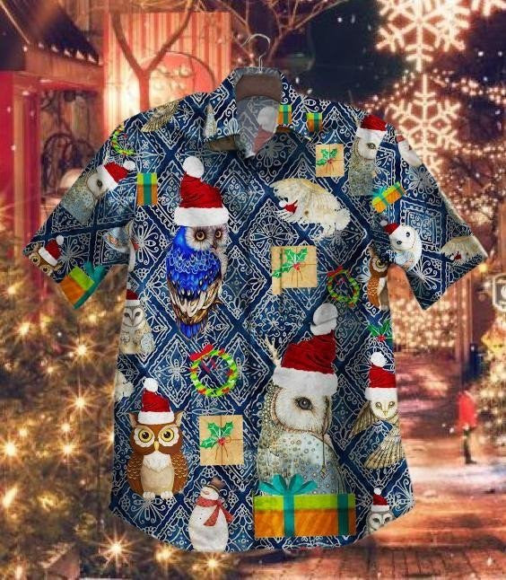 Cute Owl In Christmas Santa Hat Design Hawaiian Shirt, Hawaiian Shirt Gift, Christmas Gift