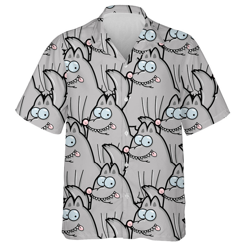 Cute Cartoon Style Face Grey Wolf Hawaiian Shirt, Hawaiian Shirt Gift, Christmas Gift