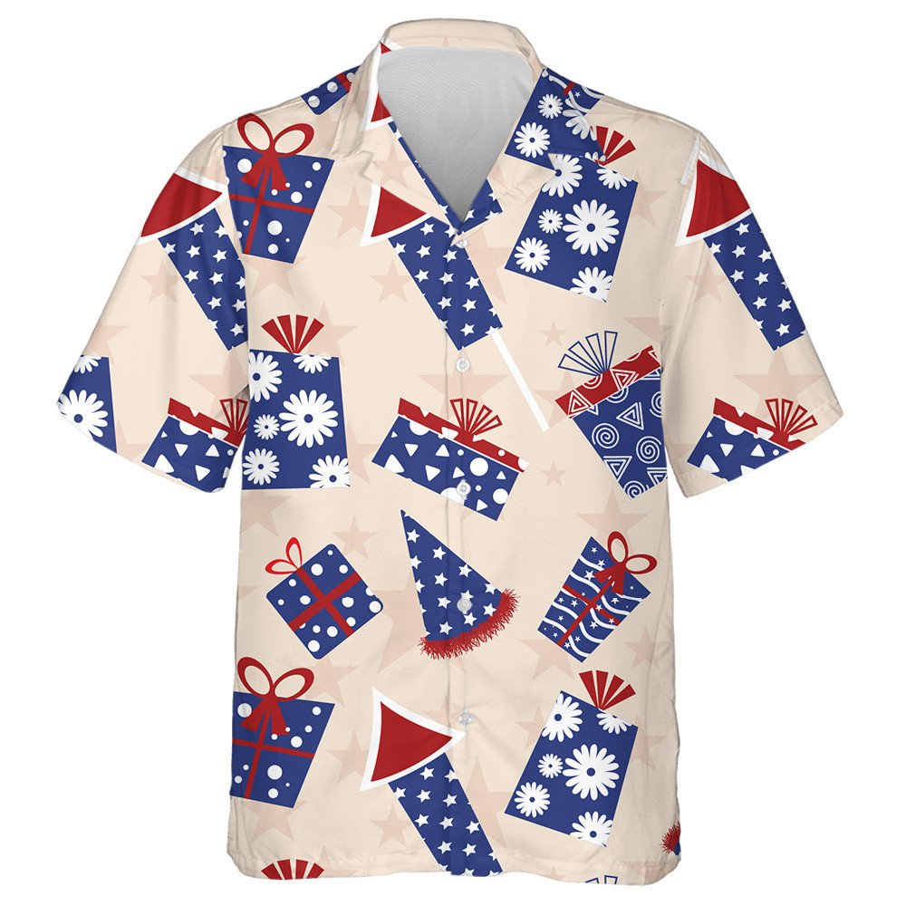 Surprised Gift Boxes And Fireworks On Beige Background Hawaiian Shirt, Hawaiian Shirt Gift, Christmas Gift