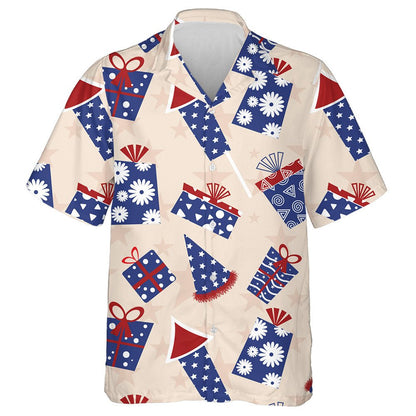 Surprised Gift Boxes And Fireworks On Beige Background Hawaiian Shirt, Hawaiian Shirt Gift, Christmas Gift