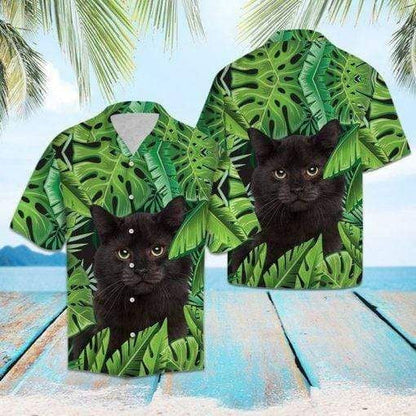 Black Cat On Tropical Leaves Hawaiian Shirt, Hawaiian For Gift
