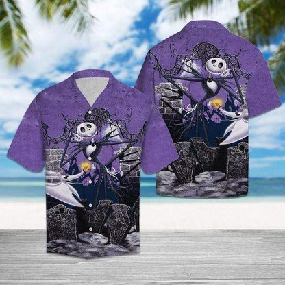 Halloween Skeleton On Purple Illustration Hawaiian Shirt, Hawaiian For Gift